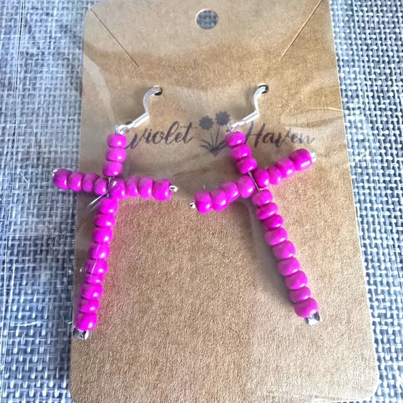 Set of 4 Seed Bead Cross Earrings Bluish Purple, Pink, Lime Green, Orange - Picture 4 of 5